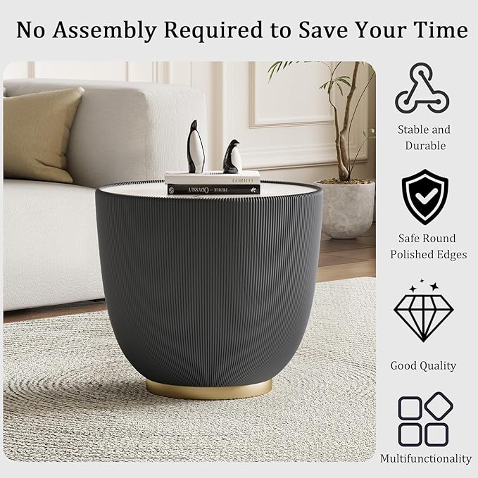 Round Coffee Table Set with Sintered Stone Tabletop, 29.53" Orange Drum Center Table and 19.69" Grey Coffee Table Set, 2 Pieces Living Room Table Set with Fluted PU Leather Cover& Metal Base