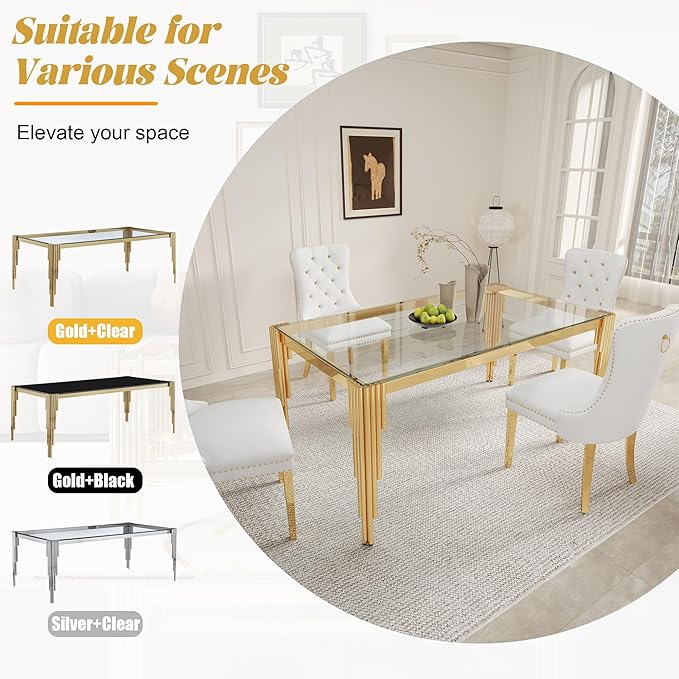 5 Piece Glass Dining Table Set, Modern 63" Rectangle Glass Kitchen Table with 4 White Velvet Upholstered Chairs, Gold Dining Table for 4 with Chairs Set for Kitchen, Living Room