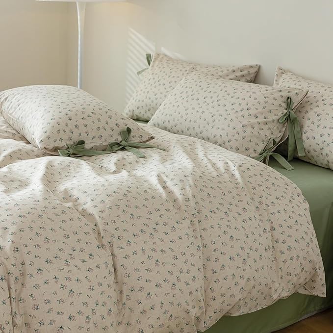 Cotton Duvet Cover King Chic Aesthetic Green Floral Comforter Cover Vintage Cottagecore Style Duvet Cover with 2 Bowknot Pillowcases Garden Flower Botanical Bedding Duvet Cover with Zipper Closure