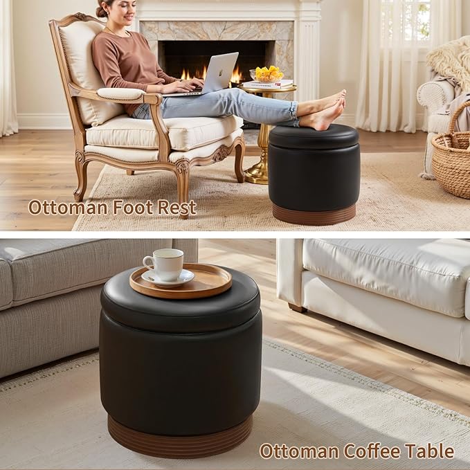 Round Storage Ottoman,Swivel Vanity Stool-Leather Foot Rest,Upholstered Footstool Pouf with Sturdy Acacia Wood Frame(500 lbs),Small Coffee Table & Hidden Storage Ottoman for Living Room