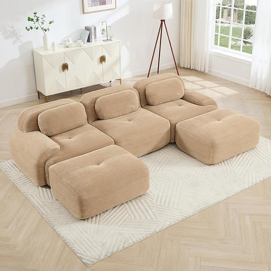 116" Modern Corduroy Cloud Sofa with Ottoman, U Shaped Boneless Modular Large Sectional Couches for Living Room, Camel 3 Seater Compressed Memory Foam Couch, Extra Deep Seat, No Assembly