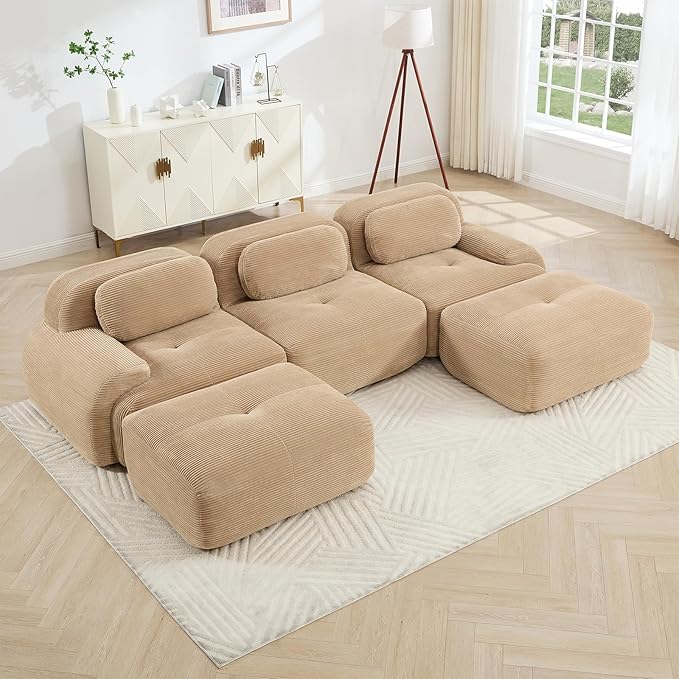 116" Modern Compressed Boneless Couch with Ottoman, 3 Seater Large U Shaped Sectional Couches for Living Room, Camel Corduroy Cloud Modular Sectional Sofa, Memory Foam, Extra Deep, No Assembly