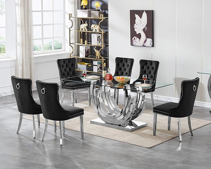Goujxcy 70" Modern Glass Dining Table for 6-8, Luxury Silver Glass Dining Room Table with Mirrored Ring-Shape Stainless Steel Base, Rectangle Kitchen Dinner Tables for Dining Room Kitchen