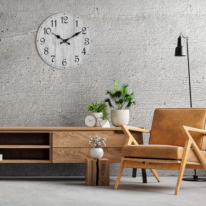 HYLANDA Wall Clock 14 Inch, Gray Wall Clocks Battery Operated Silent Non Ticking, Vintage Rustic Wooden Clocks Decorative for Kitchen Bathroom, Living Room, Bedrooms, Dining Room, Office (14")