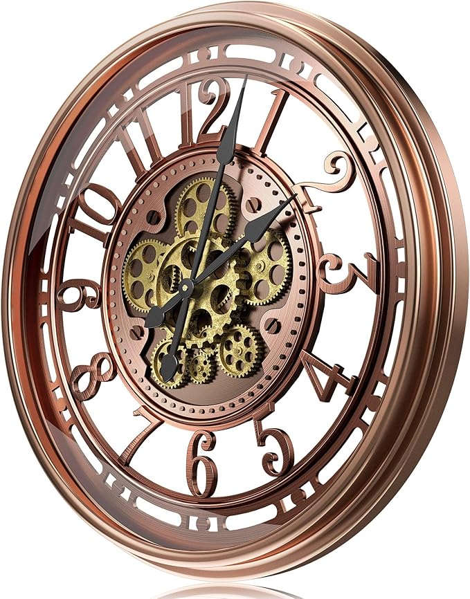 21 Inch Moving Gear Wall Clock for Modern Farmhouse Living Room Decor,Large Industrial Steampunk Wall Clock for Home Office,Metal Red Copper