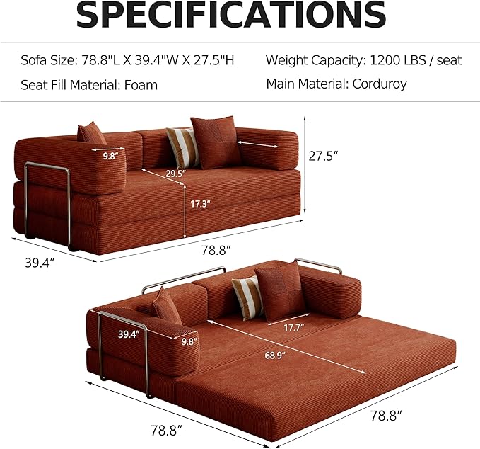 Compressed Sleeper Sofa Bed,Convertible Floor Boneless Couch-with Comfy Pillow,Modular Modern Corduroy Sofa for Living Room Bedroom Lounge Studio-with Fixed-Shape Frame and Support Armrest