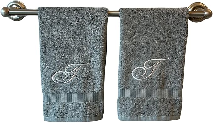 Gray Monogrammed Hand Towels for Bathroom - Luxury Hotel Quality Personalized Initial Embroidered Towel for Powder Room, Spa - GOTS Organic Certified - Set of 2 Silver Letter T