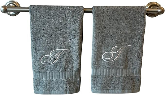 Gray Monogrammed Hand Towels for Bathroom - Luxury Hotel Quality Personalized Initial Embroidered Towel for Powder Room, Spa - GOTS Organic Certified - Set of 2 Silver Letter T