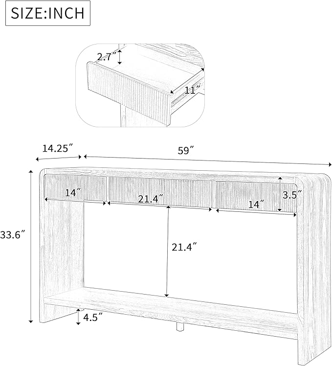 Modern Fluted Entryway Console Table 59’’ Long Entry Sofa Table with Drawers & Storage Shelf for Living Room Entrance Hallway, Easy Assembly, Brown