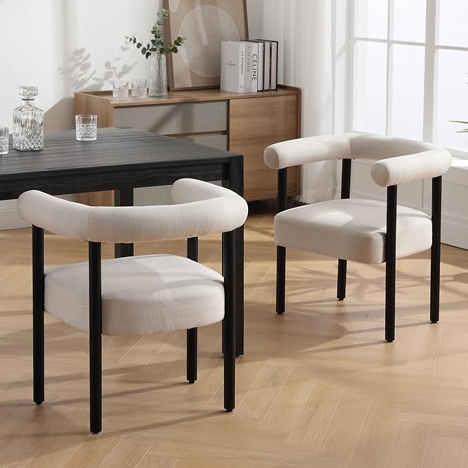 Mid-Century Modern Dining Chairs Set of 4, Armrest Barrel Dining Chairs Side Accent Chairs with Curved Back, Upholstered Wood Armchairs for Kitchen, Linen Beige