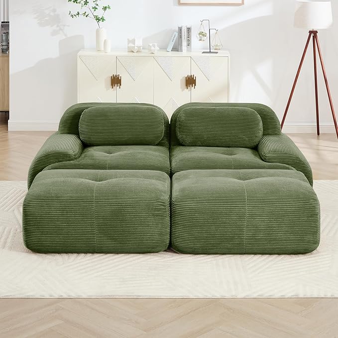 80" Modern Corduroy Boneless Love Seat Couches with 2 Ottomans, 2 Seater Large Sectional Couches for Living Room, Green Cloud Modular Sectional Sofa, Memory Foam, Extra Deep Loveseat, No Assembly