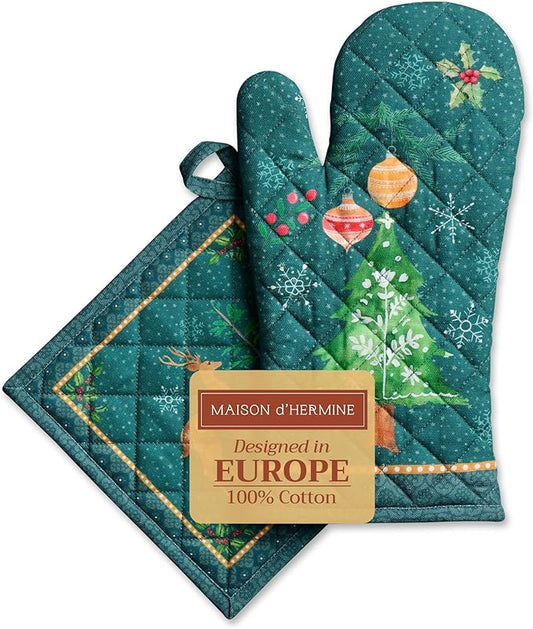 Maison d' Hermine 100% Cotton Oven Mitt & Pot Holder Set (7.5"x13" & 8"x8") Heat Resistant BBQ Cooking Gloves with Loop for Thanksgiving Christmas Decorations Handling Hot Pans (Hygge Christmas)