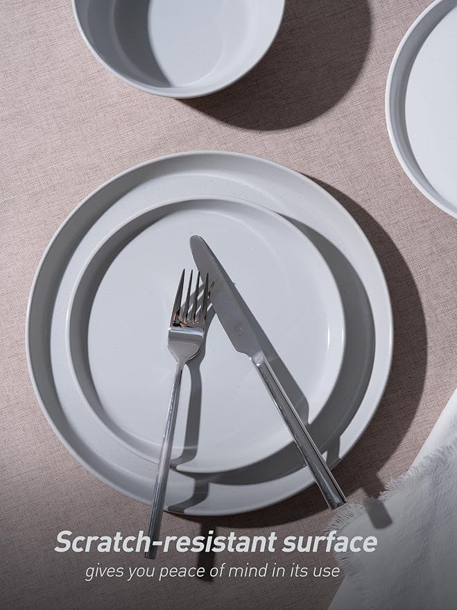 Famiware Saturn Dinnerware Set with Pasta Bowl, 16 Pieces Dish Set, Plates and Double Bowls Sets for 4, Chip and Scratch Resistant, Microwave and Dishwasher Safe Tableware, Light Gray