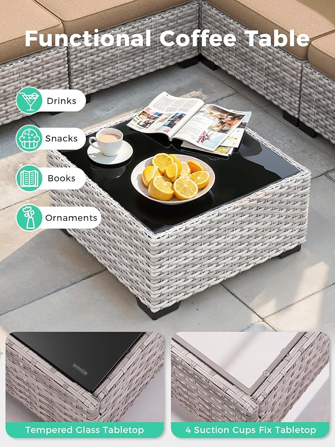 9 Piece Outdoor Wicker Rattan Sectional Sofa Set with Swivel Chairs, 7-Seats Conversation Set with 4" Thickened Cushions & Coffee Table, All-Weather PE Rattan for Garden, Backyard, Porch, Beige