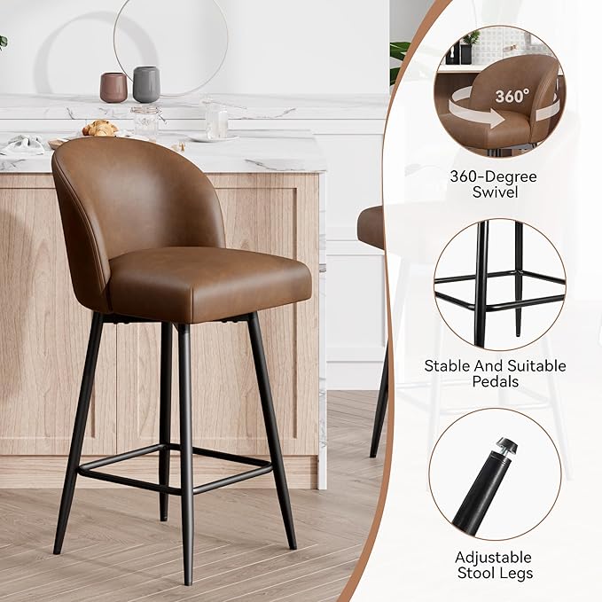 Counter Height Bar Stools Set of 4,360° Swivel Barstools with High Back and Metal Legs,26" Seat Height, Upholstered PU Leather Bar Chairs for Kitchen Island, Dining Room,Cafes,Brown
