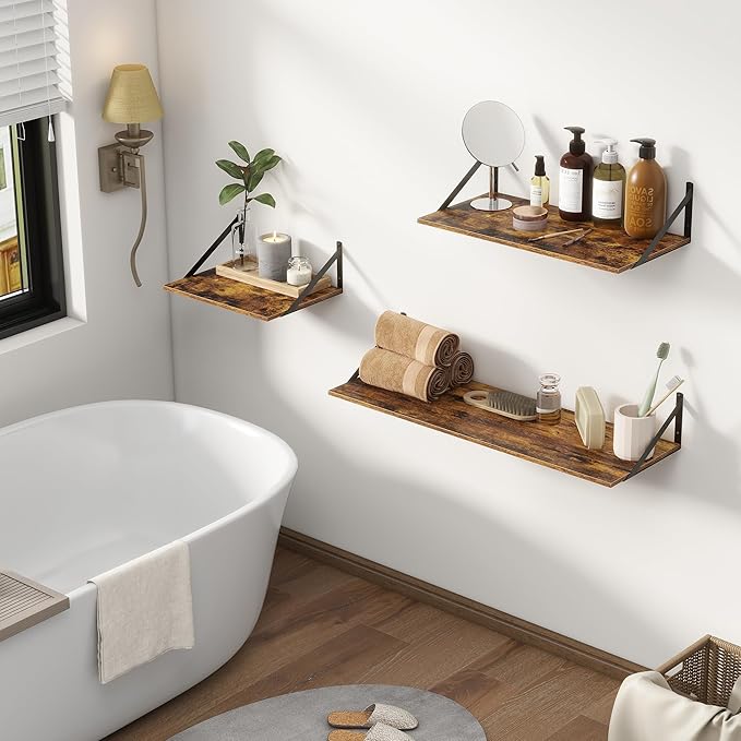 Deep Floating Shelves, 12 Inch Deep Floating Shelves for Wall, 24"W x 12"D Wall Shelves for Books, Large Rustic Wooden Shelf, Wide Display Shelf for Bathroom, Living Room, Rustic Brown, Set of 2
