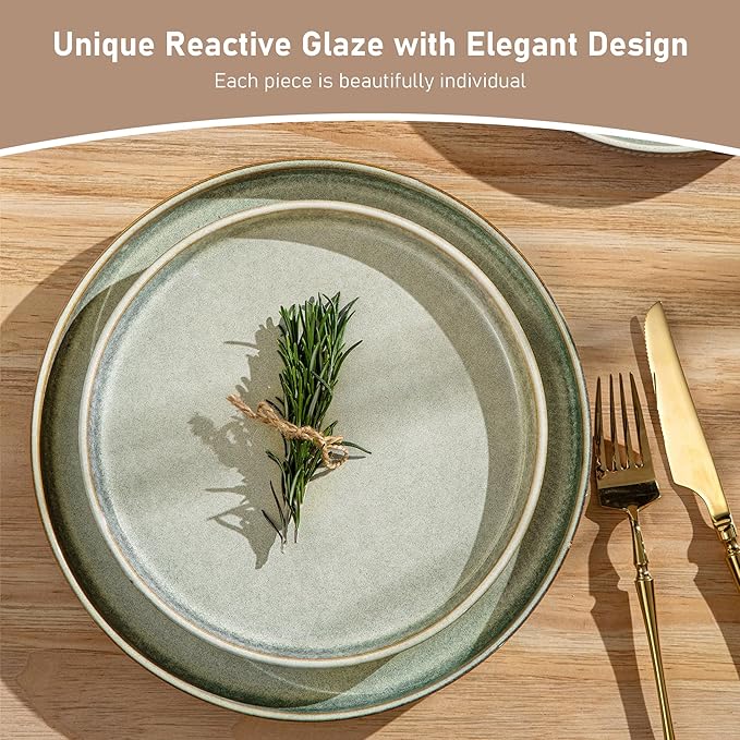 GBHOME Stoneware Dinnerware Sets for 8,Round Reactive Glaze Ceramic Plates and Bowls Set,Highly Scratch Resistant | Dishwasher & Microwave Safe Dishes Set,Service for 8(24Pcs),Desert Sage