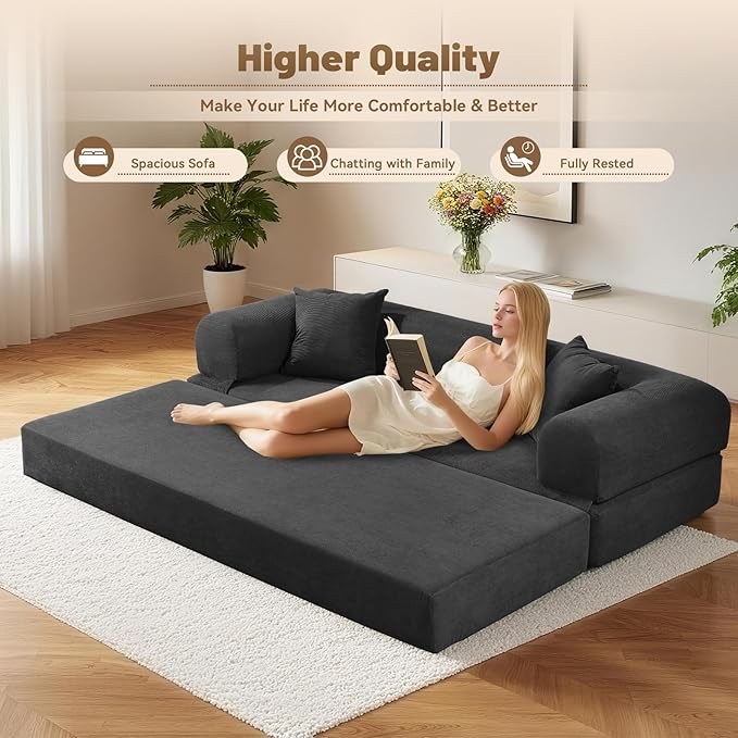 Convertible Folding Sofa Bed,80" Pull Out Couch with Pillows & Storage Pocket,Modular Futon Bed Corduroy Queen Sleeper Sofa in a Box,Compression Boneless Couch for Living Room,Deep Gray