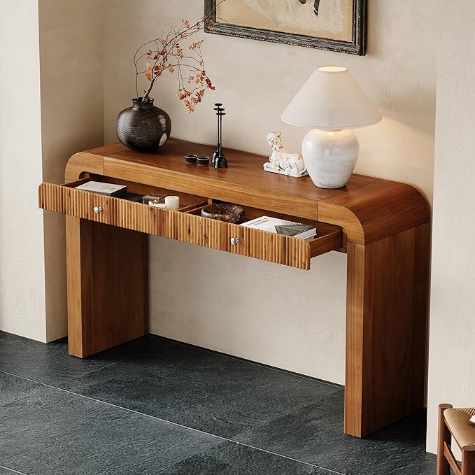 Merax Rustic Console Table with Fluted Drawer Front, Entryway Table with Curved Corners & Thick Legs, Sturdy Sofa Table for Hallway & Living Room, Brown