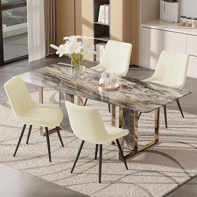 Upholstered Dining Chairs Set of 2, Modern Faux Leather Dining Room Chairs with Thick Cushion and Metal Legs, Kitchen Chairs with Back for Dining Room, Cream