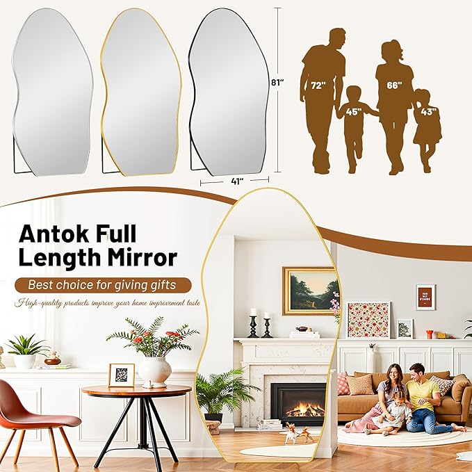 Antok Full Length Mirror, 81"x41" Floor Mirror with Stand, Standing Hanging Leaning Irregular Mirrors for Bedroom Living Room Entryway, Wavy Shaped, Golden