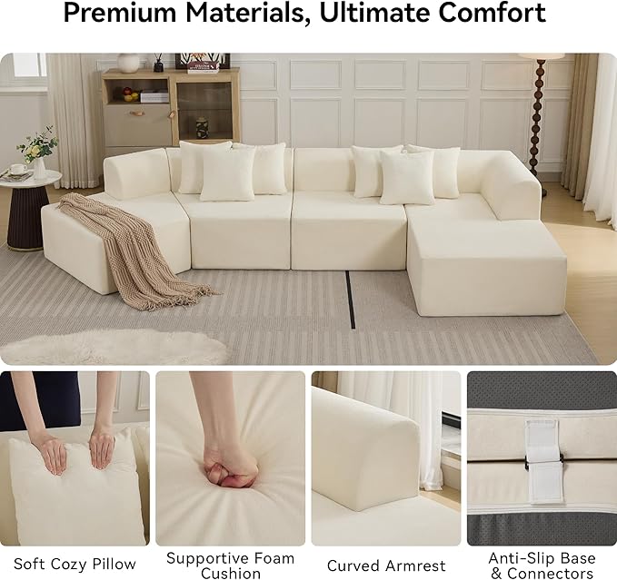 140''Oversized Cloud Velvet Curved Sectional Couch, Boneless Couch with L-Shape Chaise, Upholstered Compression Memory Foam Modular Sectional Sofa for Living Room, No Assembly Required, Beige