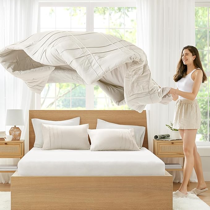 Comfort Spaces Cream Twin Size Comforter Set - 2 Pieces Pintuck Pleated Bedding Sets, All Season Lightweight, Extra Softness Pre-Washed Microfiber Bed Set, Shams, Twin/Twin XL