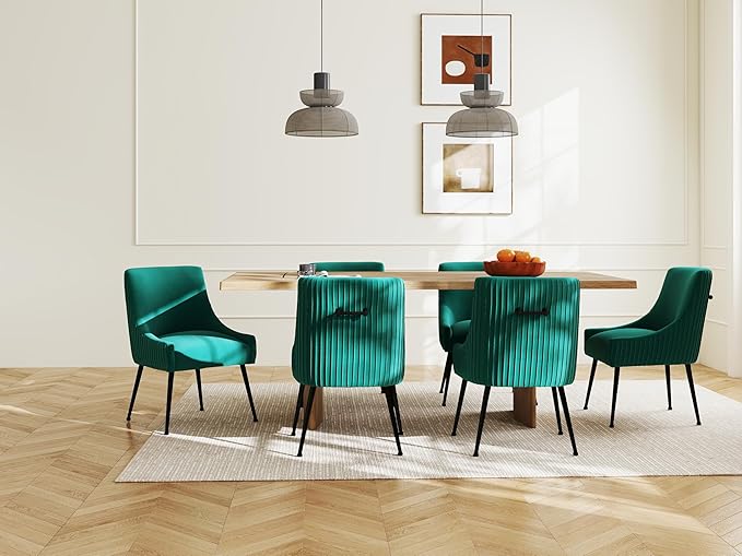 Dining Chairs Set of 4,Modern Velvet Accent Kitchen Chairs,Dark Green Striped Dining Chairs with Black Legs Upholstered Guest Chairs for Living Room/Kitchen/Restaurant/Study Room