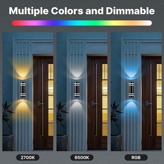 RGB Up and Down Lights Outdoor Wall Lights 2 Packs, Smart Color Changing Outdoor Wall Sconce WiFi Voice & App Control,Aluminum Waterproof Exterior Lights for Porch Compatible with Alexa