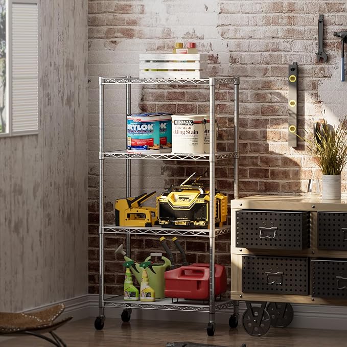 4 Tier Shelves Storage Shelf Wire Closet Bathroom Organizers Metal Pantry Kitchen Garage Shelving Unit Laundry Room Organization Home Rack Net Basket White with Wheels 14”D X 24”W X 48.9”H