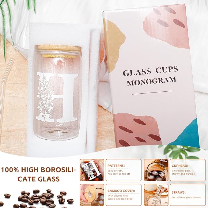 DWTS DANWEITESI Birthday Gifts for Women: Initial Glass Cup as Office Graduation Memorial Holiday Personalized Gifts - for Husband Aunt Uncle Teen Boy Employee Coworkers Him and Her - H Aesthetic Cup
