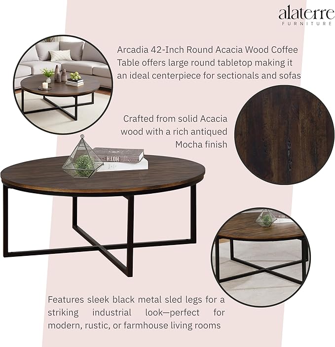 Alaterre Furniture Arcadia 42-Inch Round Acacia Wood Coffee Table – Industrial Living Room Table with Antiqued Mocha Finish and Metal Sled Legs – Ideal Centerpiece for Sectionals and Sofas