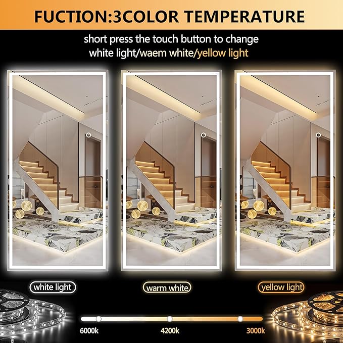 Hasipu Full Length Mirror with Lights, 79" x 36" LED Lighted Floor Standing Mirror, Full Body Dressing Hanging Mounted Mirrors, Dimmable, Tempered Glass, Safe to Use, Square White