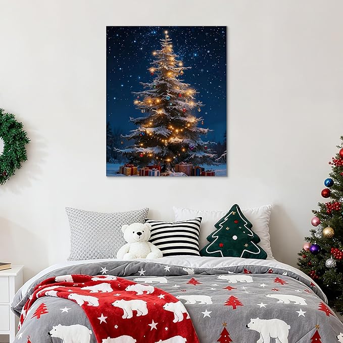 Framed Christmas Pictures Wall Decor,Vintage Pine Tree Prints,Winter Christmas Canvas Wall Art Decoration for Bedroom Bathroom Living Room Rustic Xmas Holiday Gifts (Christmas Tree 13, 11'' X 14'')