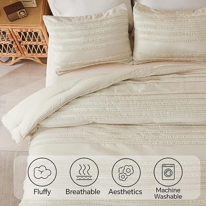BEDELITE Boho Twin/Twin XL Comforter Set，Beige Tufted Striped Bed Set 2 Pieces, Soft Vintage Farmhouse Comforter for College, Boho Home Dorm Decor, Fluffy Jacquard Bedding with 1 Pillow Sham