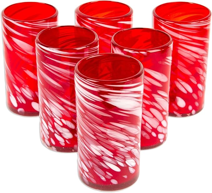 NOVICA Red Eco-Friendly Hand Blown Glass Tumblers, 16 Oz, 'Festive Red' (Set Of 6)