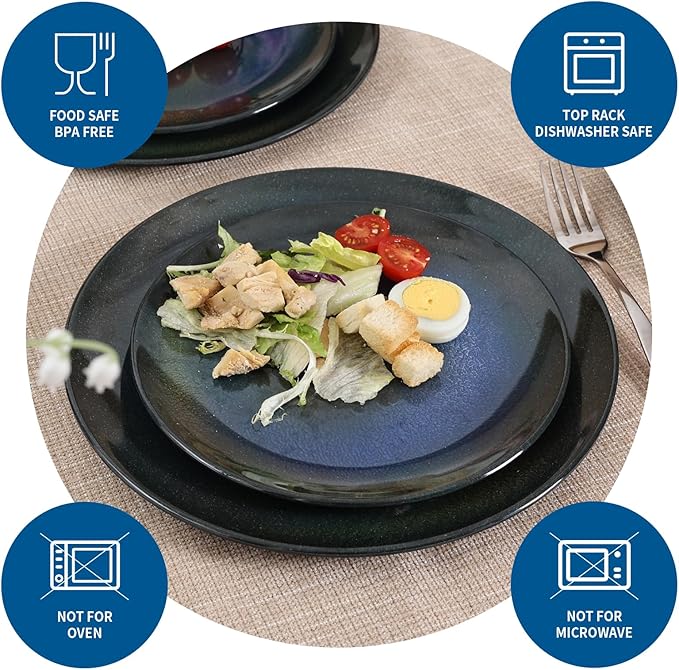 Melamine Dinnerware Set, 12pcs Plates and Bowls Set, Blue Dinner Dishes Set for Indoor and Outdoor, BPA-Free, Dishwasher Safe