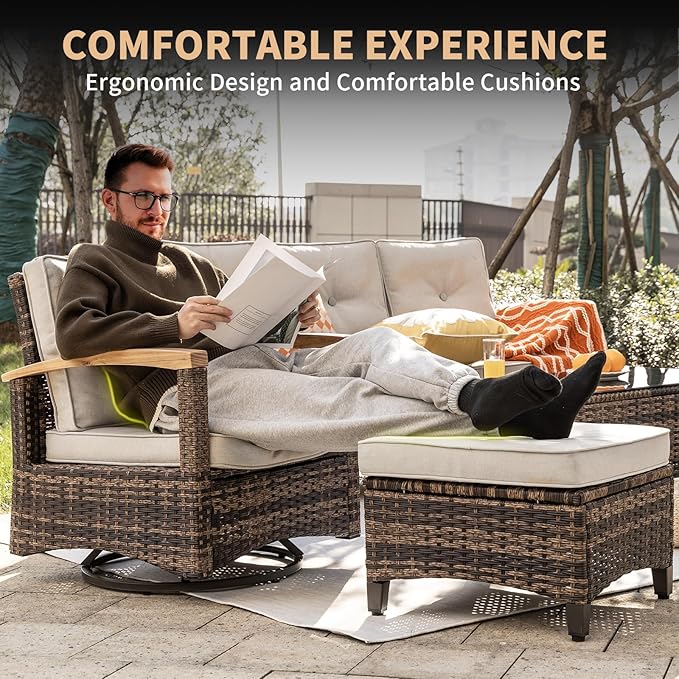 MEISSALIVVE 9 Pieces Outdoor Patio Furniture Sets,PE Wicker Patio Conversation Sets with 2 Wood Armrests Swivel Rocker Chairs,2 Single Chairs, 2-seat Sofa and Coffee Table(Brown)