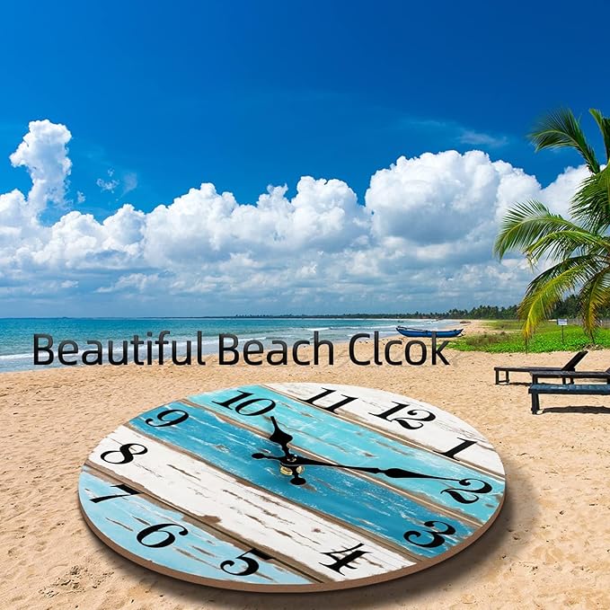 CHYLIN Wall Clock Beach Decor 12 Inch Coastal Nautical Ocean Clocks for Living Room, Silent Non Ticking Wall Clocks Battery Operated Decorative for Kitchen,Bedroom,Bathroom,Home(Blue)