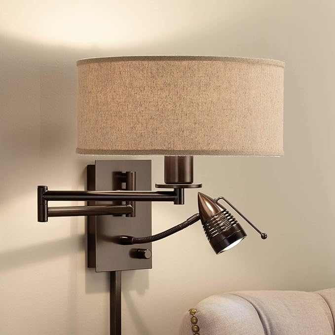 Possini Euro Design Radix Modern Swing Arm Adjustable Wall Lamp with Cord LED Bronze Plug-in Light Fixture Oatmeal Fabric Drum Shade Bedroom Bedside House Reading Living Room Home Hallway Dining