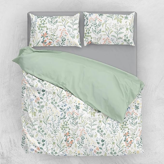 LifeTB Botanical Flower Duvet Cover Twin XL Sage Green Floral Duvet Cover 100% Cotton Wildflower Plants Pattern Floral Comforter Cover with 2 Pillowcases Girl Teen Vintage Floral Bedding Set Twin XL
