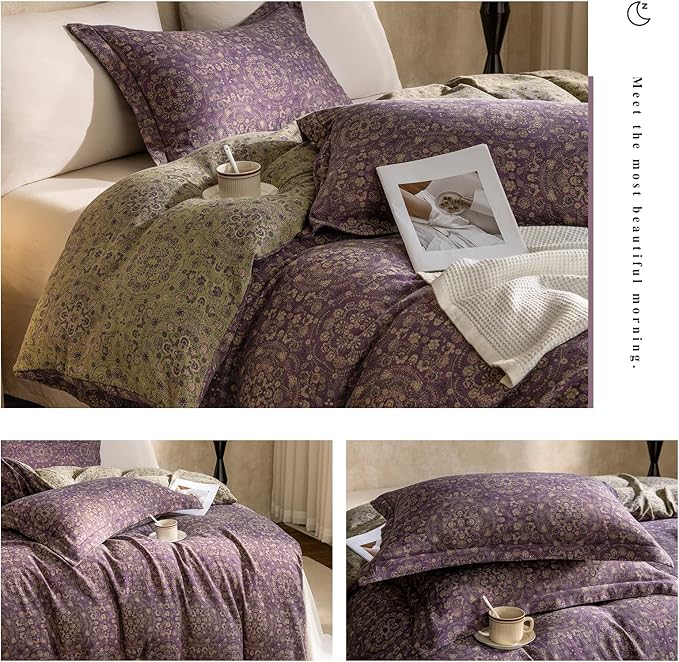 LifeTB Jacquard Retro Flower Duvet Cover Twin Purple Green Floral Duvet Cover Set Jacquard Yarn-Dyed Cotton Boho Medallion Bedding Set Reversible Retro Flower Comforter Cover with Zipper Closure