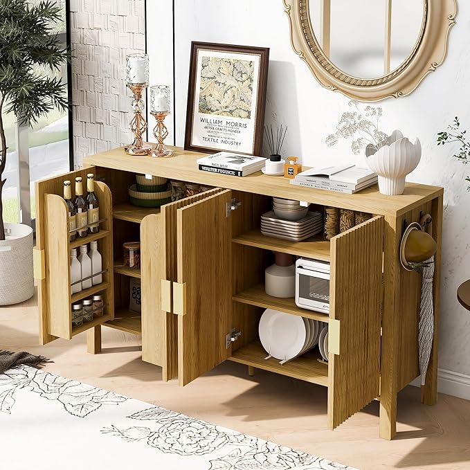 57.5'' Modern Console Table Sofa Table with Storage Racks & Side Hooks, Accent Stripe 4-Door Buffet Sideboard Serving Storage Cabinet with Adjustable Shelves for Living Room Kitchen (Natural-NEW)