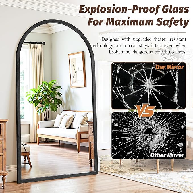 Full Length Mirror 82"×44" Floor Mirror Standing Tall Mirror, Arched Stand up Large Wall Mirrors, Freestanding Full Body Mirrors for Bedroom Living Room Wood Antique Style Black