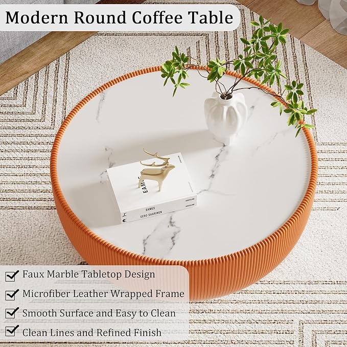 Round Coffee Table Set with Sintered Stone Tabletop, 29.53" Orange Drum Center Table and 19.69" Grey Coffee Table Set, 2 Pieces Living Room Table Set with Fluted PU Leather Cover& Metal Base