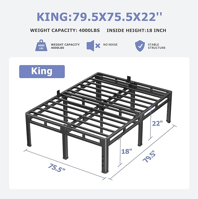 NKZ 22 Inch King Size Bed Frame, Metal Bed Frame & Box Spring 2 in 1 Platform with Round Corner Legs, 4000Lbs Heavy Duty Metal Frame, Mattress Slide Stopper, Headboard Hole, Noise-Free, Easy Assembly