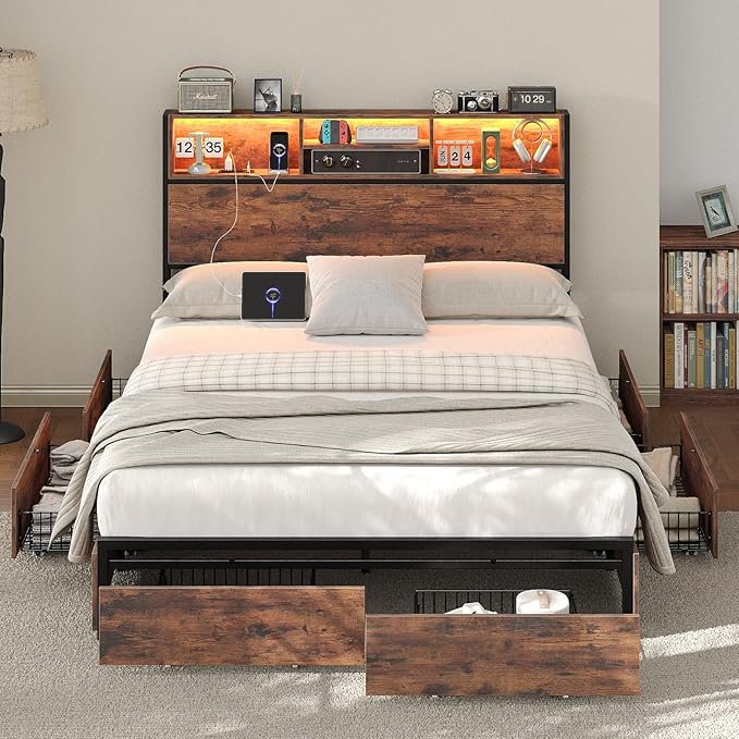Queen Bed Frame with LED Headboard & Charging Ports, Rustic Wood Platform Bed Frame Queen Size with 6 Storage Drawers and Display Shelf, Heavy-Duty Metal Frame, No Box Spring Needed, Brown
