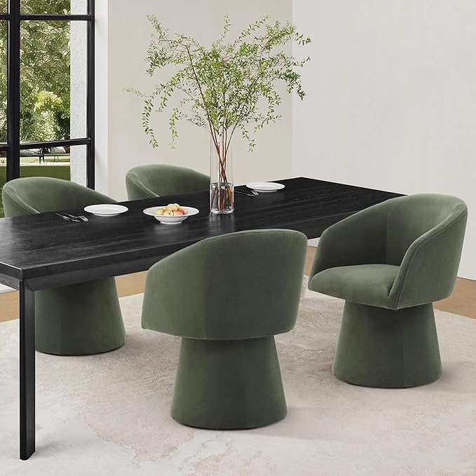 Swivel Dining Chairs Set of 4, Upholstered Mid Century Modern Deskchair with Barrel Back, Linen Fabric Kitchen Chairs for Dining Room, Bedroom, Dressing Room, Green