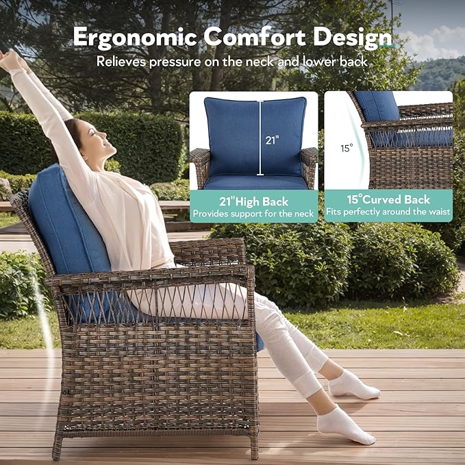 Wicker Outdoor Chairs Set - 3 Pieces Hollow Widen Armrests Patio Furniture Set with Side Table, Comfortable High Back Rattan Chairs for Balcony Porch Deck and Yard - Brown/Blue