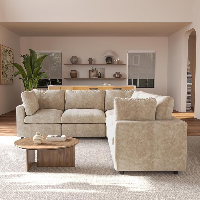 JACH V Shape Sectional Couches for Living Room, Deep Seat Convertible Modular Sofa, Cloud Sectional Couch, Sofa Covers Washable, Minimalist Couch for Living Room, Apartment, Khaki